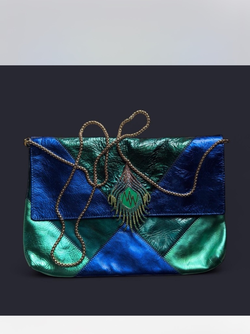 Matthew Williamson Metallic Blue & Green Patchwork Chain Shoulder Clutch